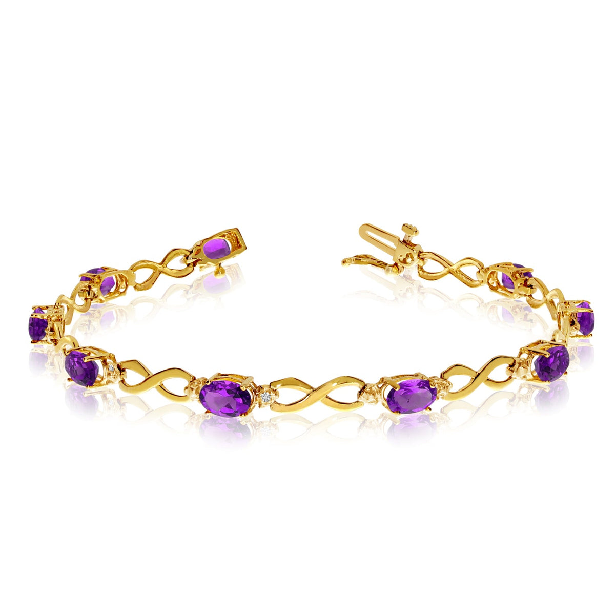 10K Yellow Gold Oval Amethyst Stones And Diamonds Infinity Tennis Bracelet, 7" - JewelryAffairs