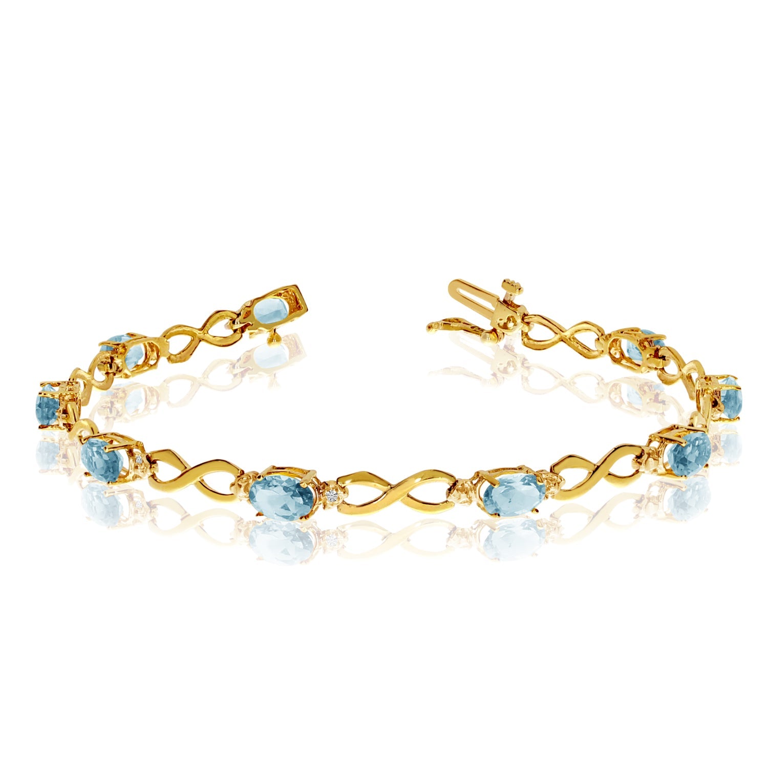 10K Yellow Gold Oval Aquamarine Stones And Diamonds Infinity Tennis Bracelet, 7" - JewelryAffairs