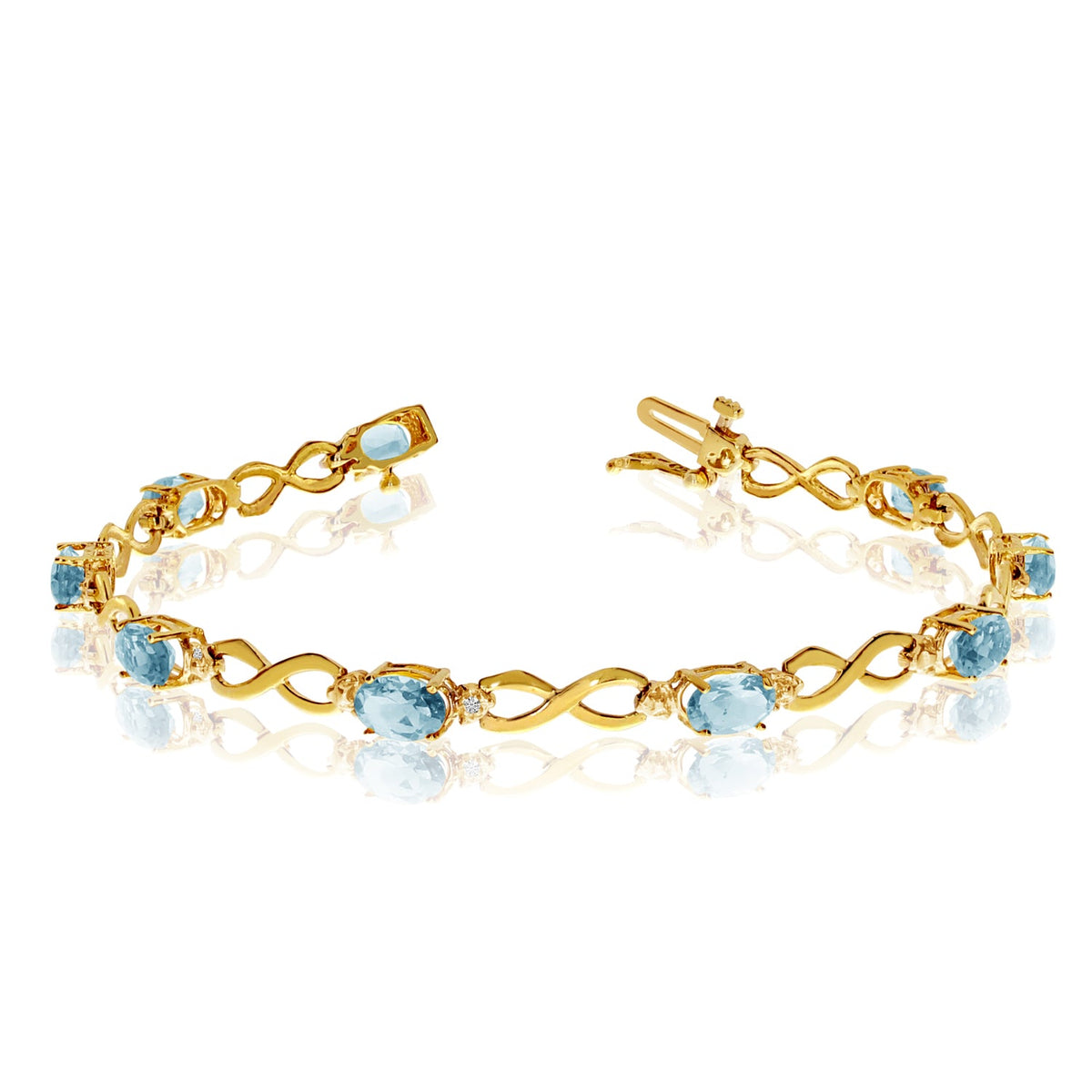 10K Yellow Gold Oval Aquamarine Stones And Diamonds Infinity Tennis Bracelet, 7" - JewelryAffairs