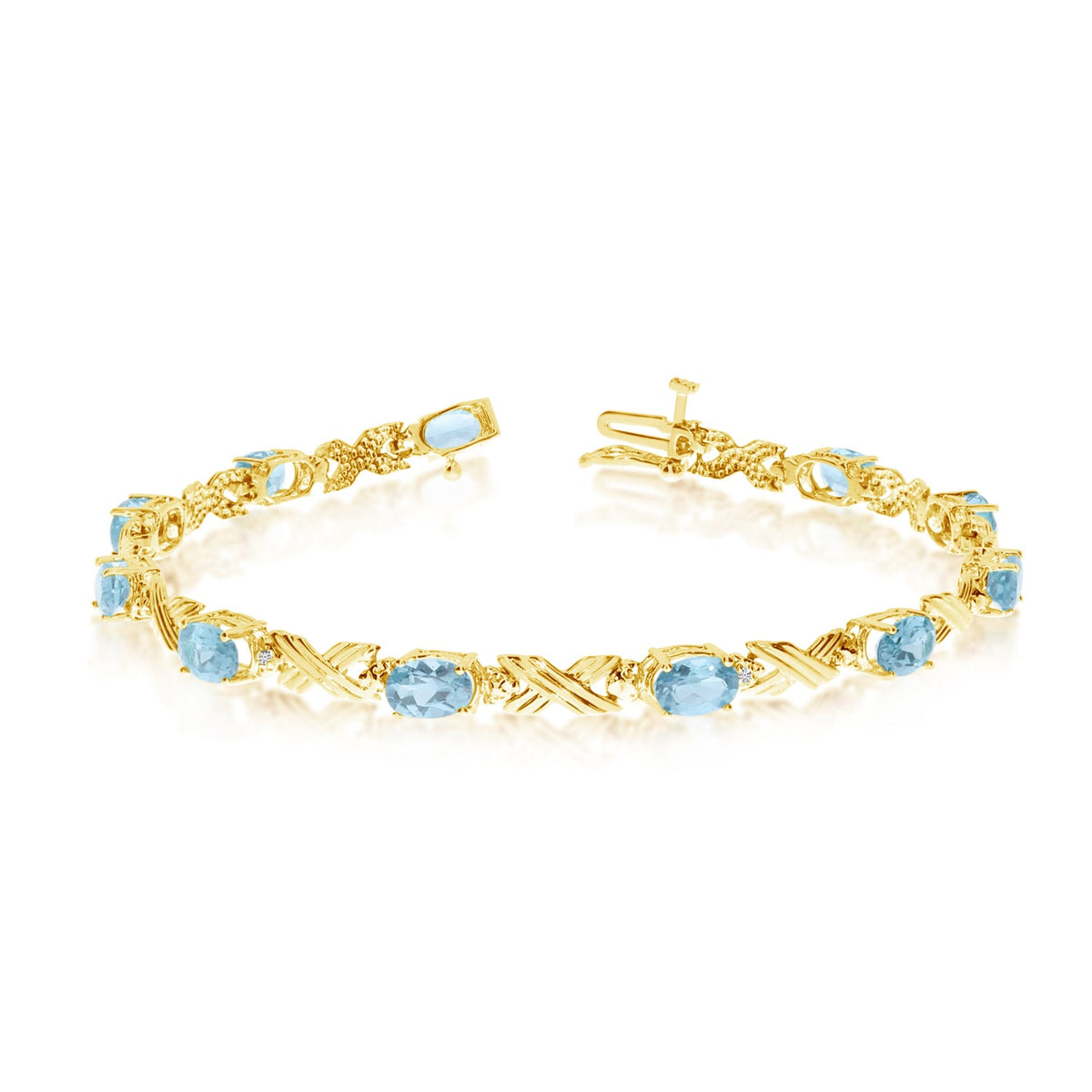10K Yellow Gold Oval Aquamarine Stones And Diamonds Tennis Bracelet, 7" - JewelryAffairs