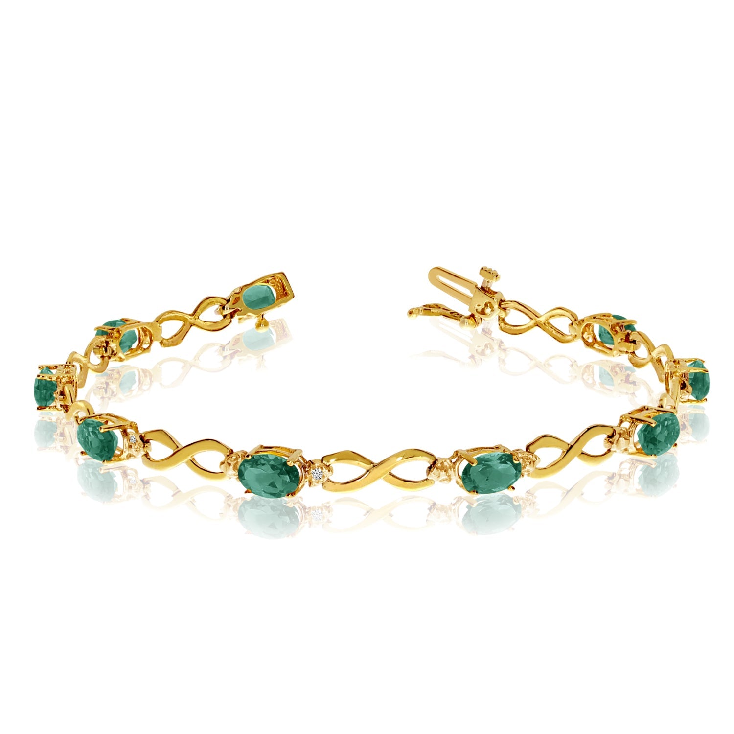10K Yellow Gold Oval Emerald Stones And Diamonds Infinity Tennis Bracelet, 7" - JewelryAffairs