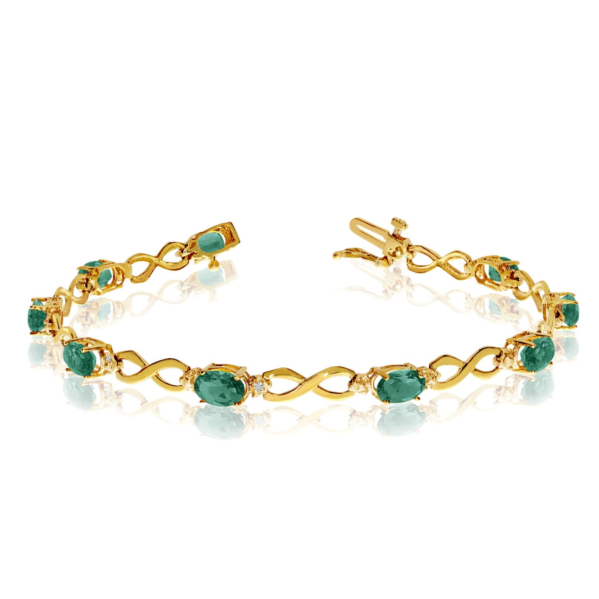 10K Yellow Gold Oval Emerald Stones And Diamonds Infinity Tennis Bracelet, 7" - JewelryAffairs