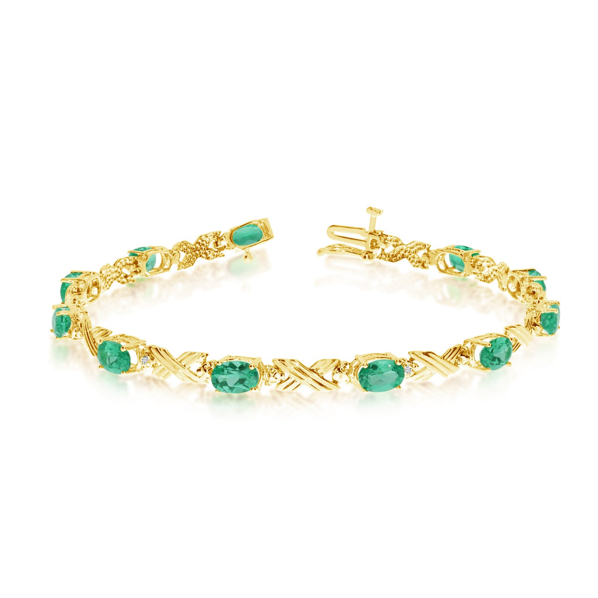 10K Yellow Gold Oval Emerald Stones And Diamonds Tennis Bracelet, 7" - JewelryAffairs