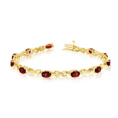 10K Yellow Gold Oval Garnet Stones And Diamonds Tennis Bracelet, 7" - JewelryAffairs