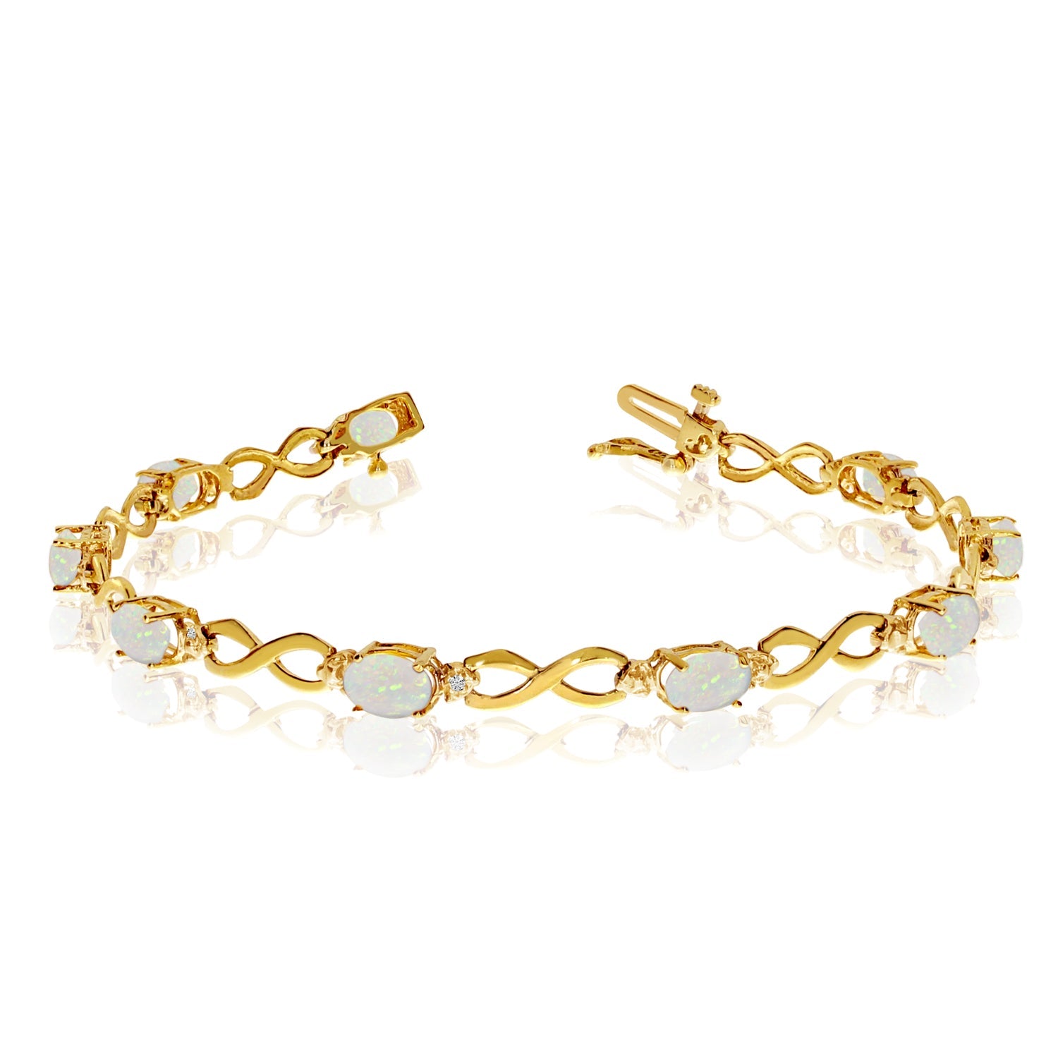 10K Yellow Gold Oval Opal Stones And Diamonds Infinity Tennis Bracelet, 7" - JewelryAffairs