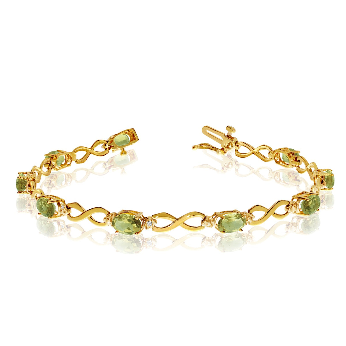 10K Yellow Gold Oval Peridot Stones And Diamonds Infinity Tennis Bracelet, 7" - JewelryAffairs