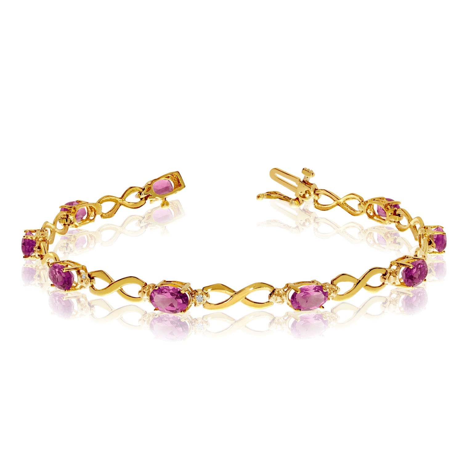 10K Yellow Gold Oval Pink Topaz Stones And Diamonds Infinity Tennis Bracelet, 7" - JewelryAffairs