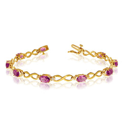 10K Yellow Gold Oval Pink Topaz Stones And Diamonds Infinity Tennis Bracelet, 7" - JewelryAffairs