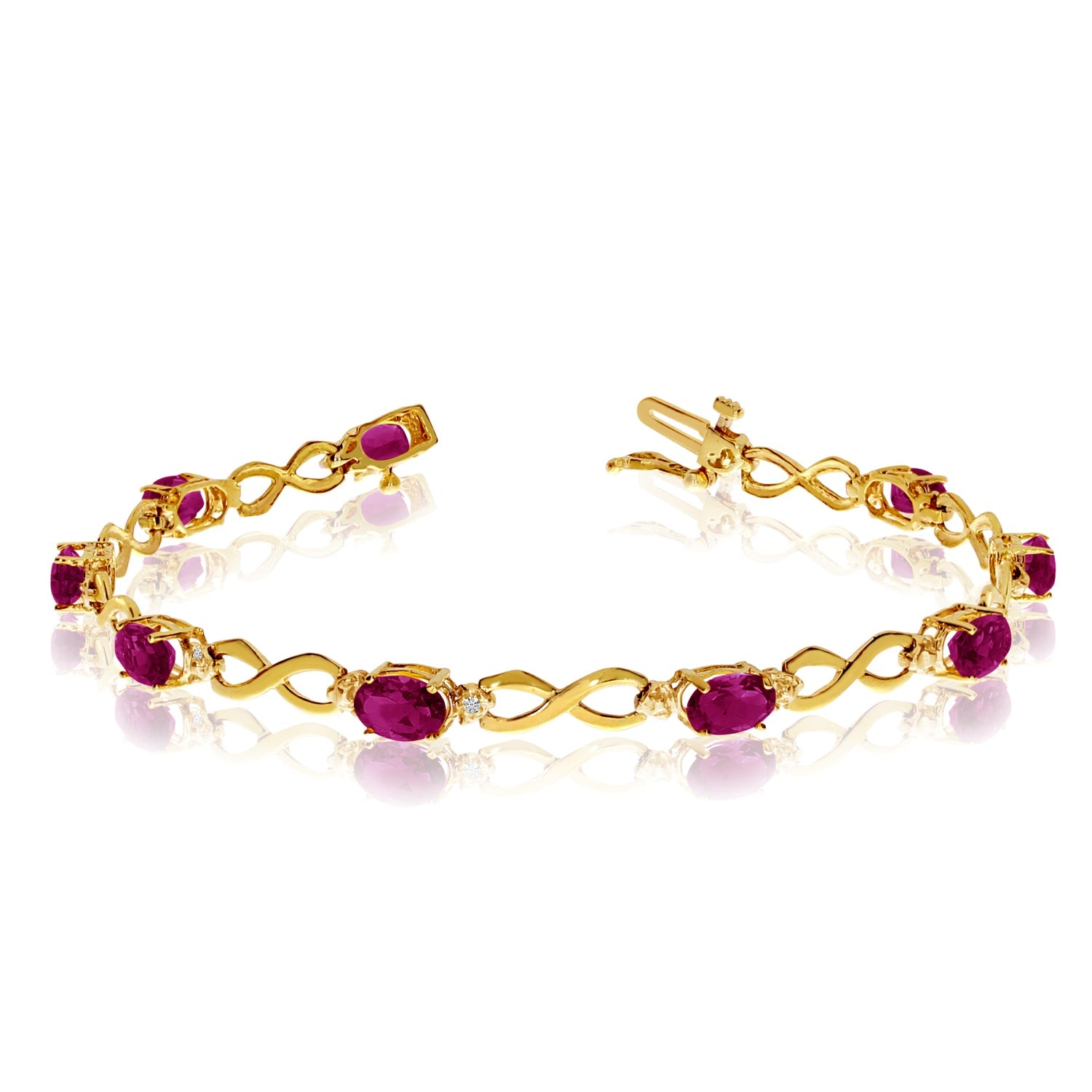 10K Yellow Gold Oval Ruby Stones And Diamonds Infinity Tennis Bracelet, 7" - JewelryAffairs