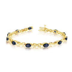 10K Yellow Gold Oval Sapphire Stones And Diamonds Tennis Bracelet, 7" - JewelryAffairs