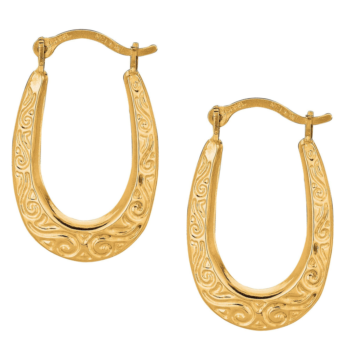 10k Yellow Gold Shiny Swirl Design Oval Hoop Earrings, Length 20mm