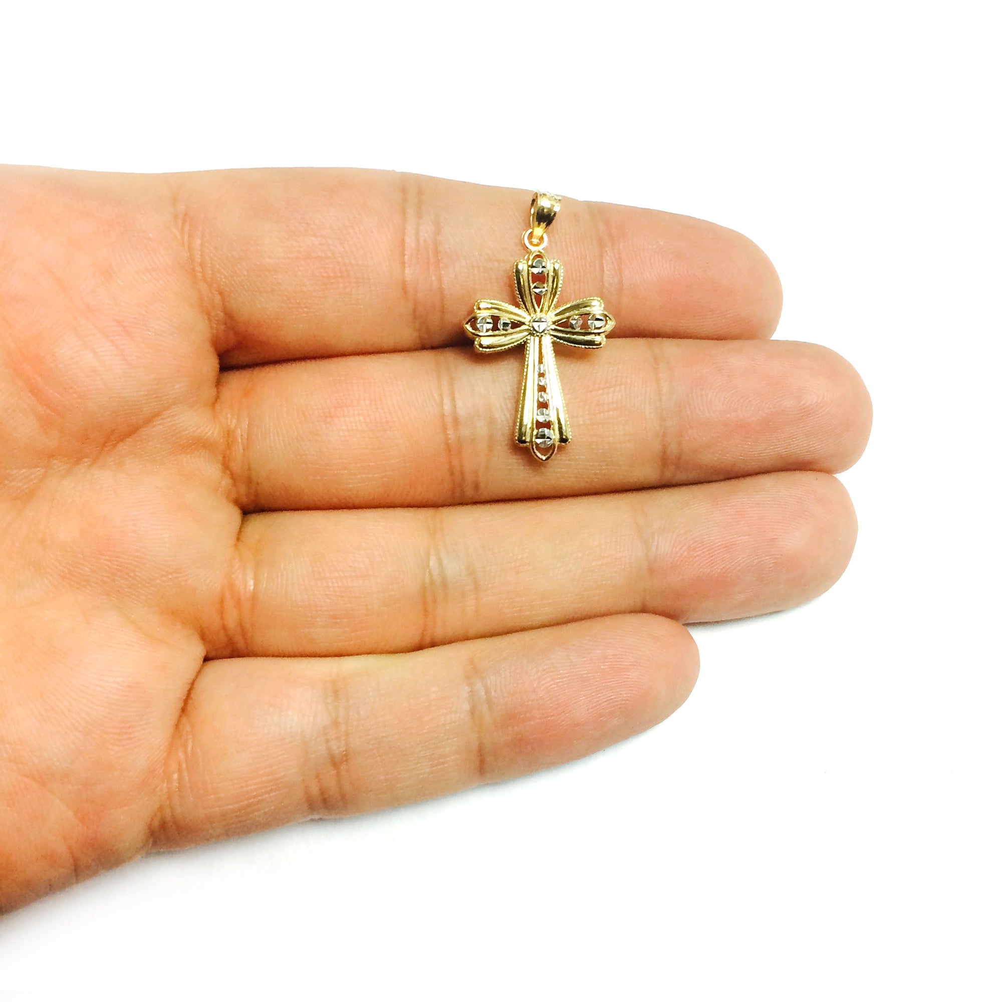 14k 2 Tone Gold Diamond Cut And Rigid Finish Cross Pendant - JewelryAffairs