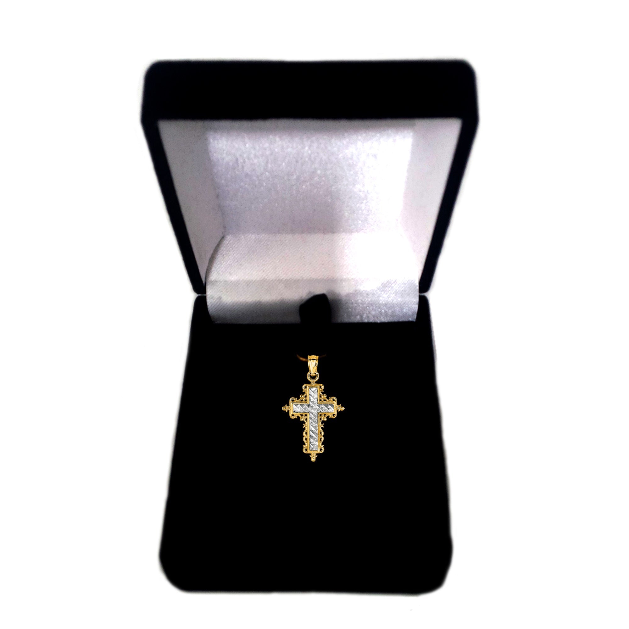 14k 2 Tone Gold Diamond Cut Round Filigree Design Cross Pendant - JewelryAffairs