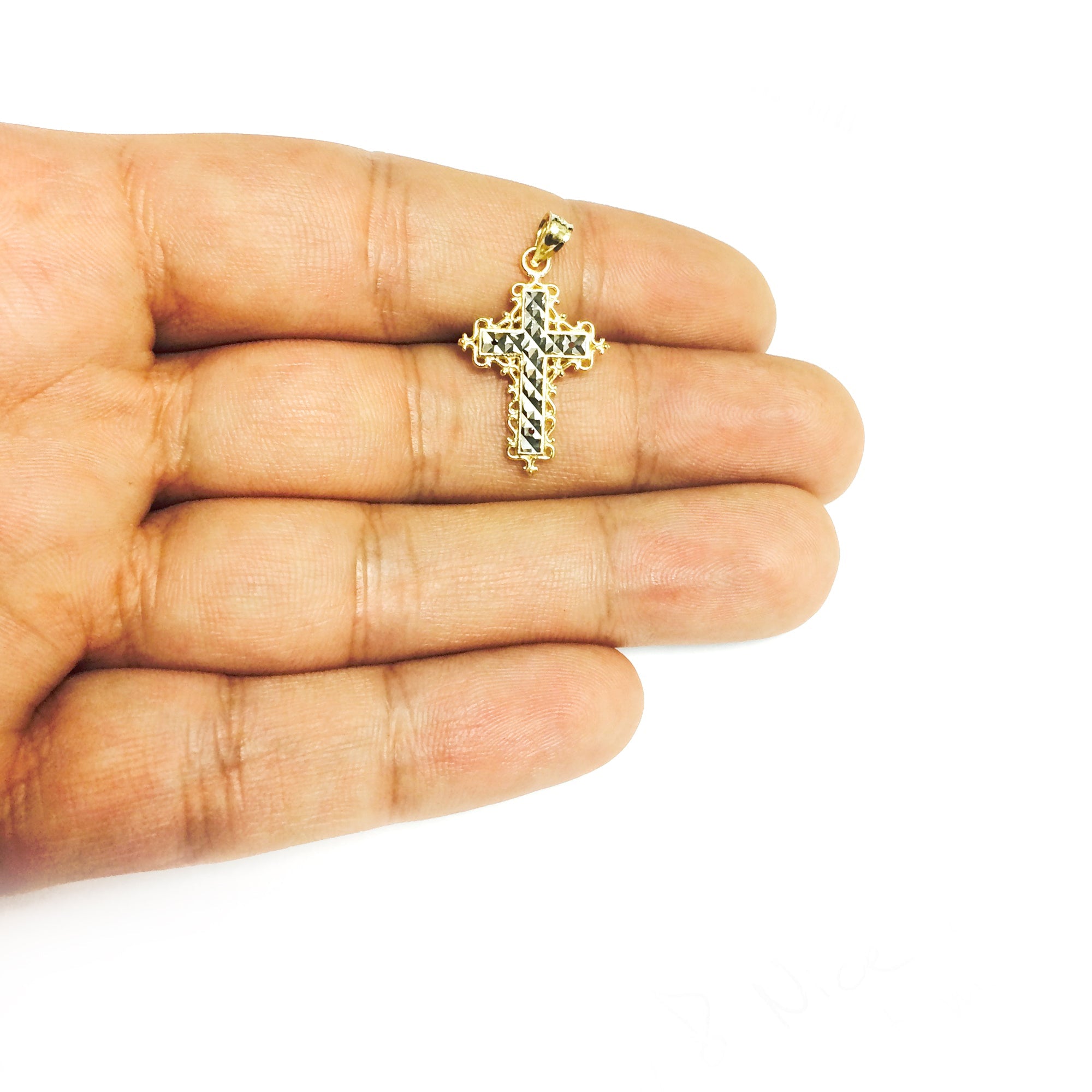 14k 2 Tone Gold Diamond Cut Round Filigree Design Cross Pendant - JewelryAffairs