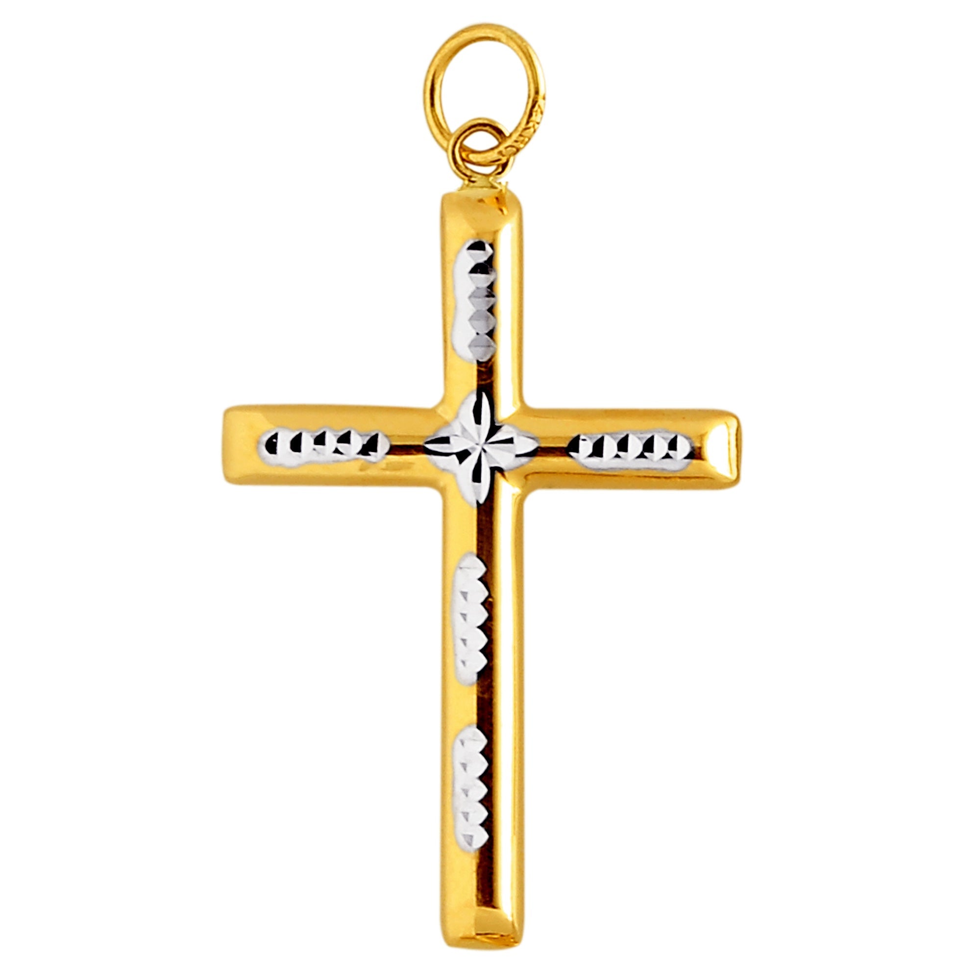 14k 2 Tone Gold Diamond Cut Round Tube Cross Pendant