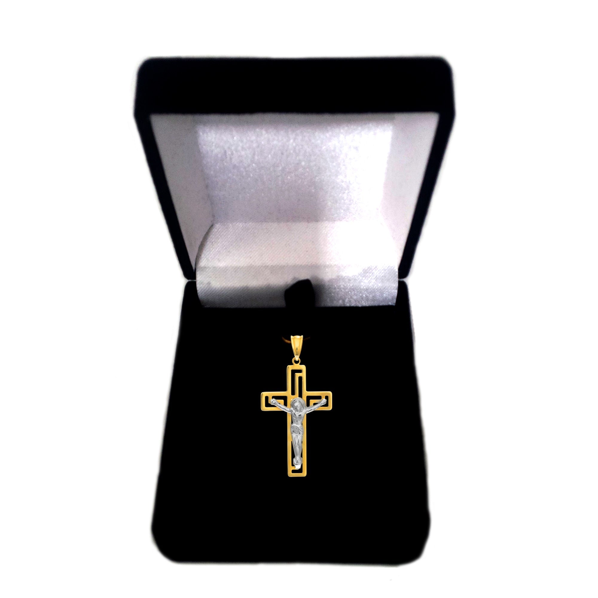 14k 2 Tone Gold Greek Key Style Crucifix Pendant - JewelryAffairs