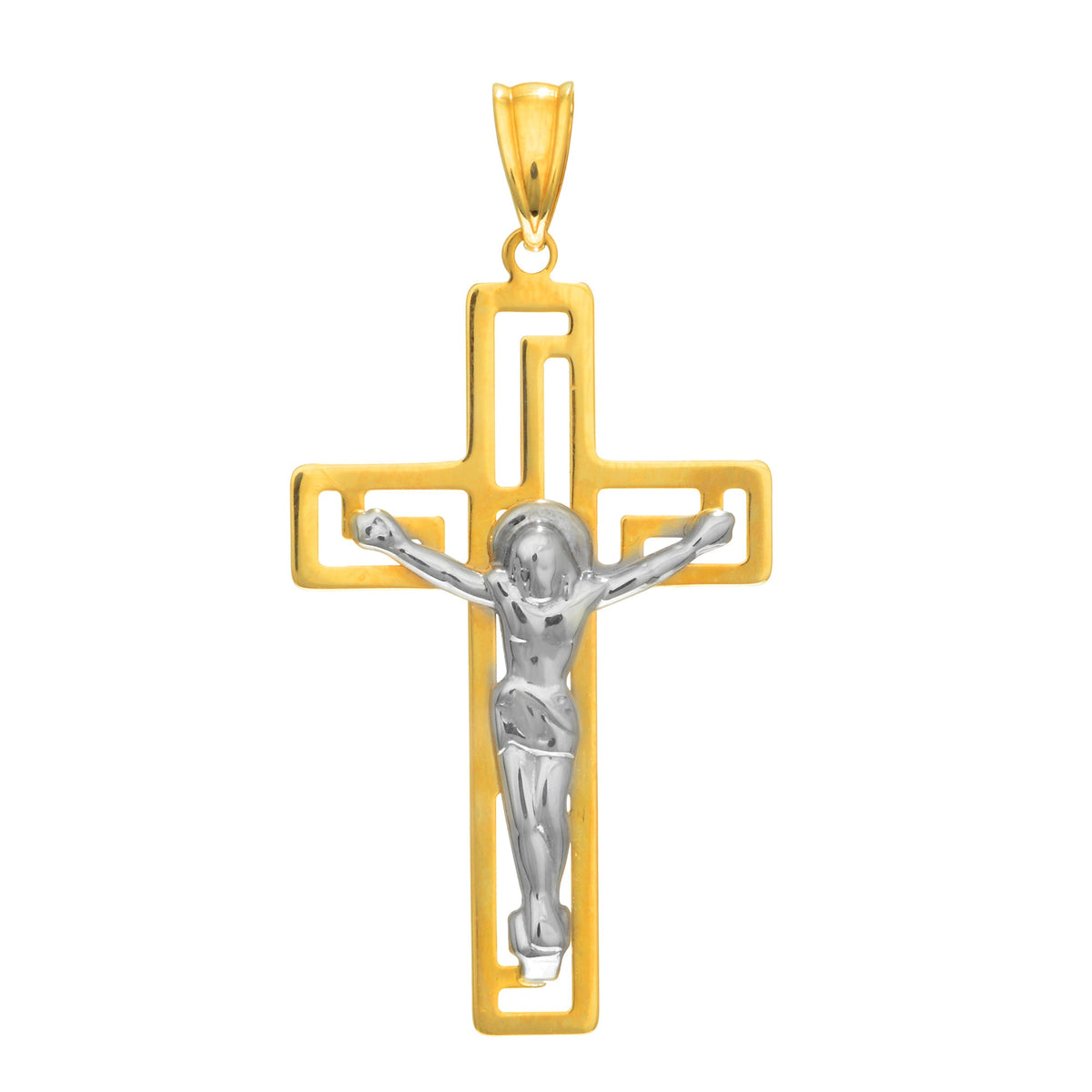 14k 2 Tone Gold Greek Key Style Crucifix Pendant - JewelryAffairs