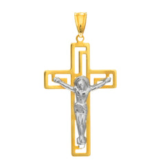 14k 2 Tone Gold Greek Key Style Crucifix Pendant - JewelryAffairs