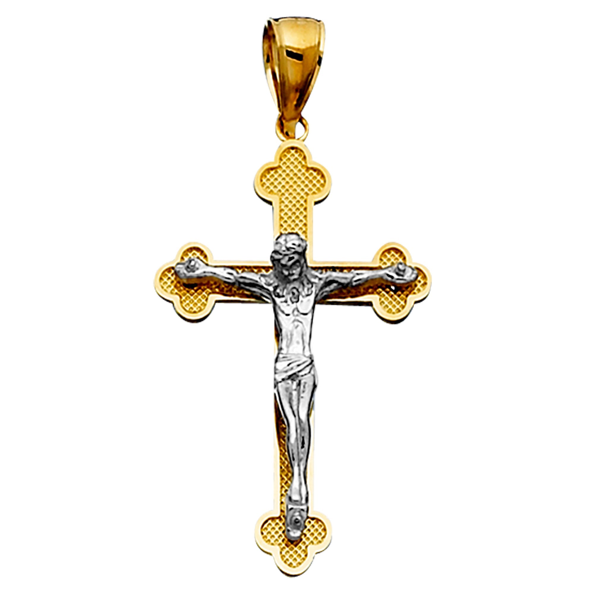 14k 2 Tone Gold Textured Finish Clover Tips Crucifix Pendant - JewelryAffairs
