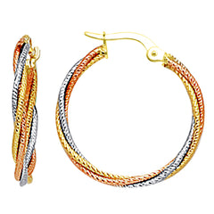 14K 3 Tone Rose Yellow And White Gold Round Braided Tube Hoop Earrings, Diameter 22mm
