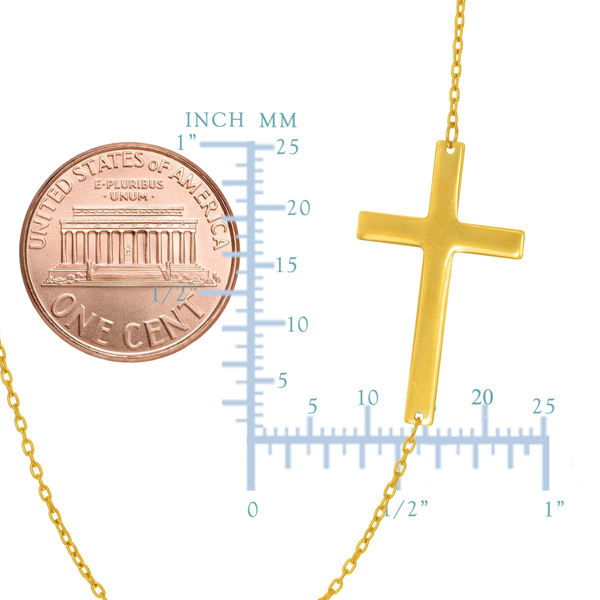 14k Real Solid Gold Sideways Cross Pendant Necklace, 18"