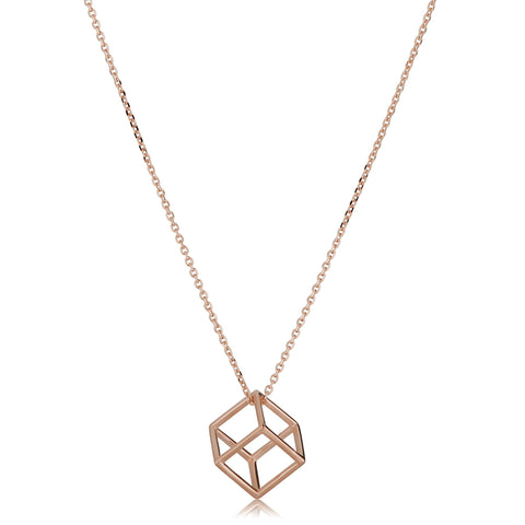 14k Rose Gold 3D Cube Pendant Adjustable Necklace, 18"