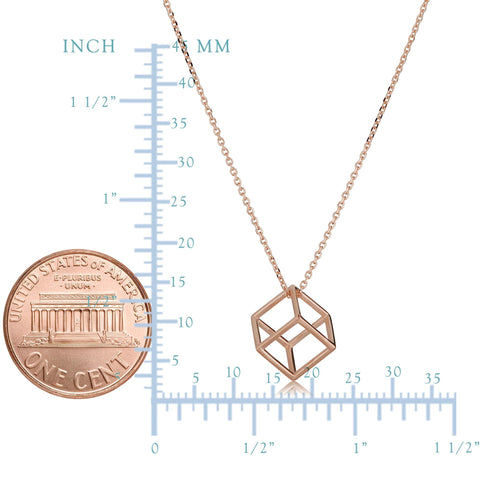 14k Rose Gold 3D Cube Pendant Adjustable Necklace, 18"