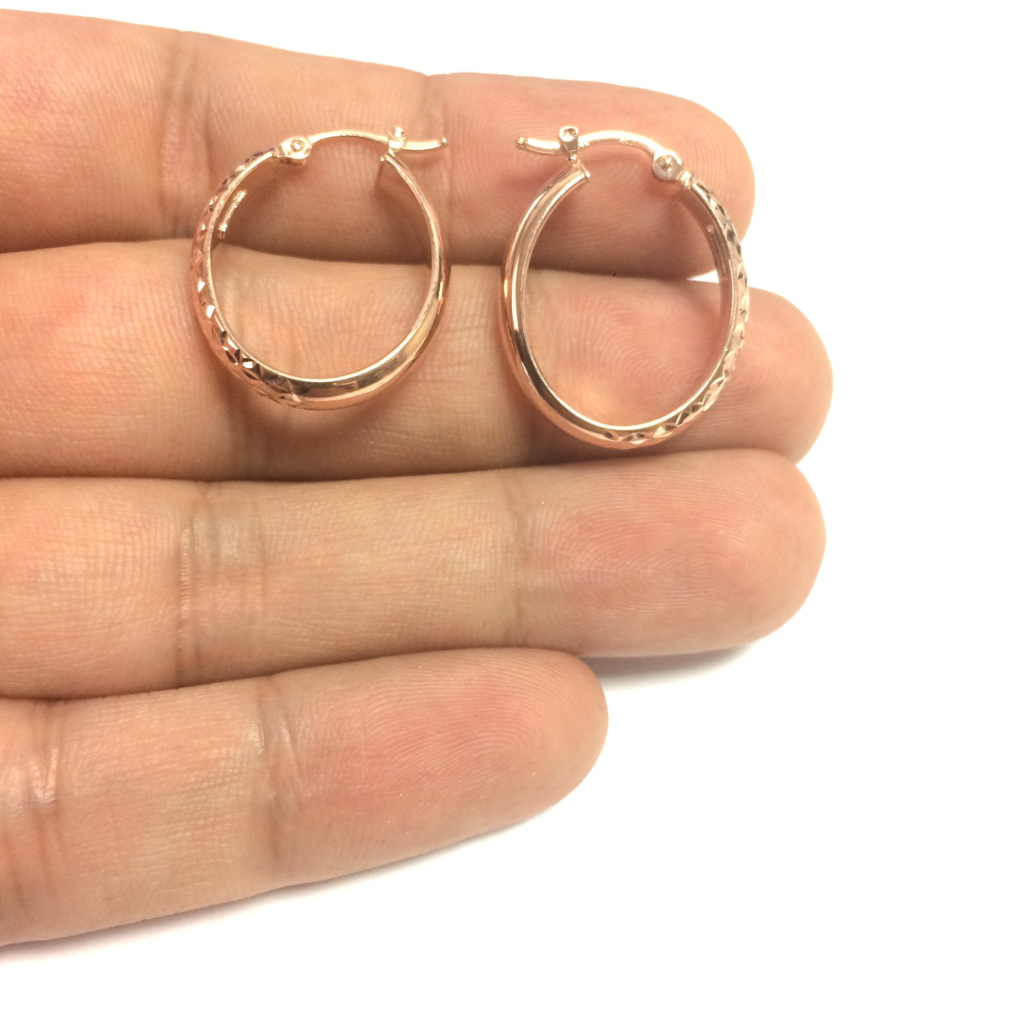 14K Rose Gold Hammered Polished Oval Hoop Earrings