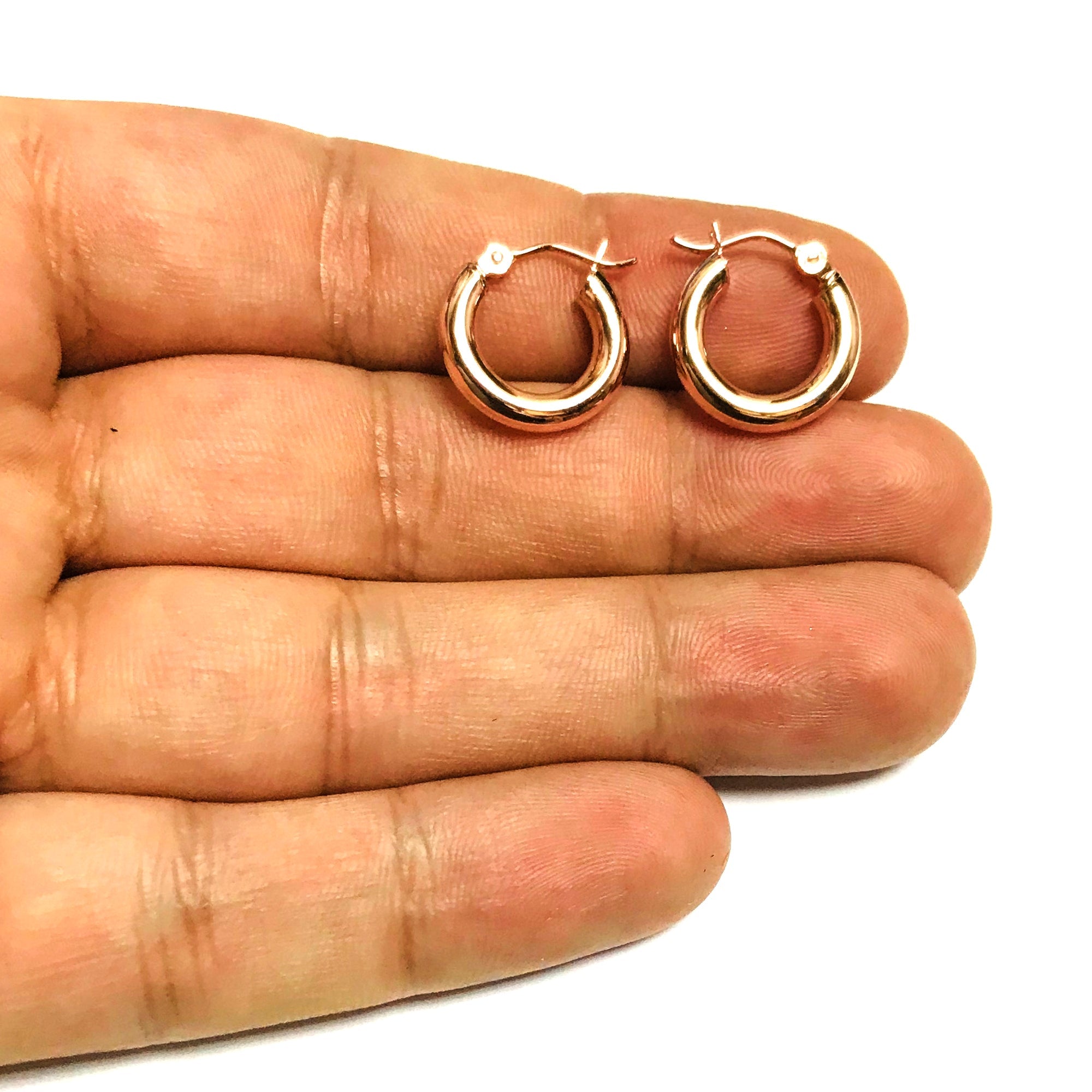 14k Rose Gold Polished Round Tube Hoop Earrings, Diameter 15mm