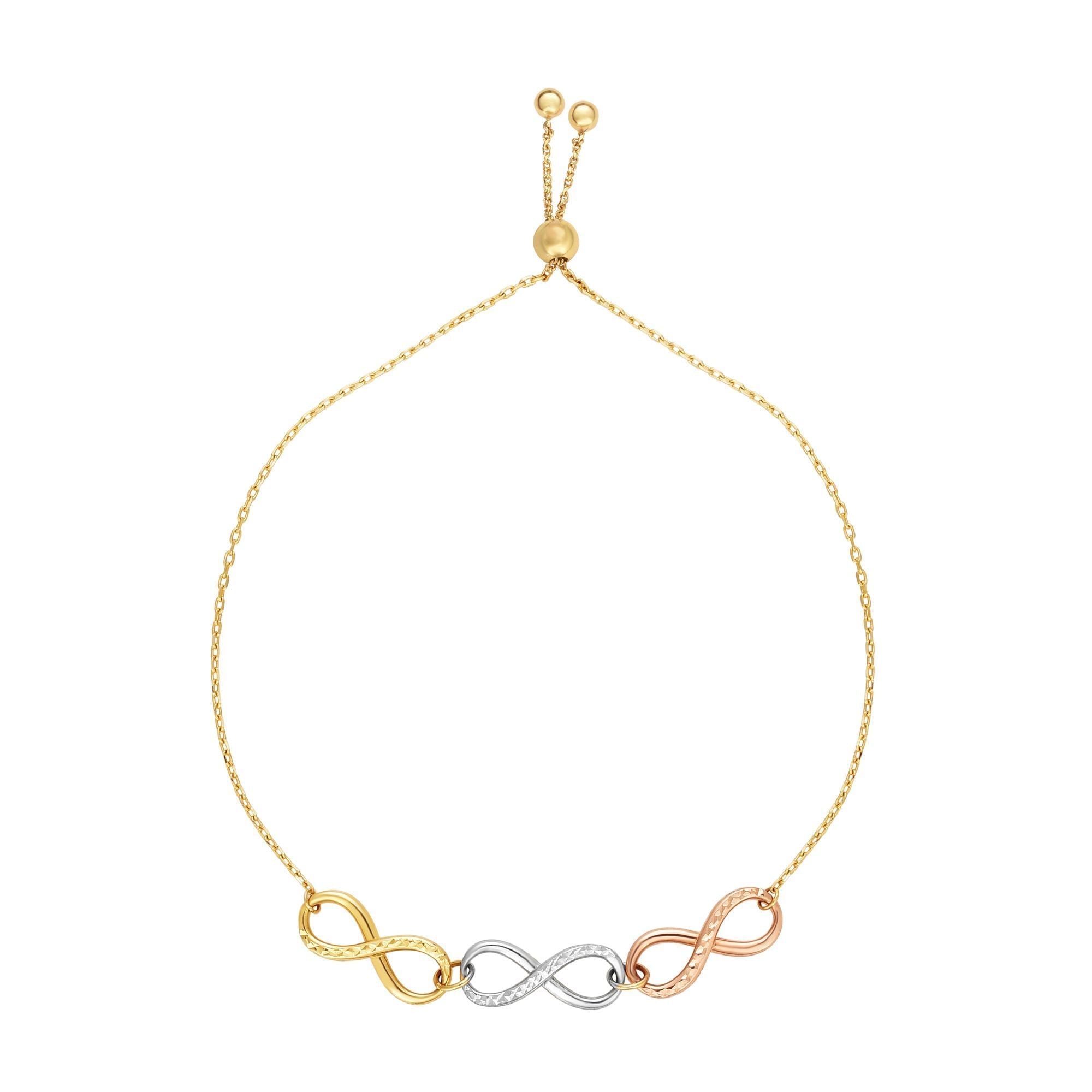 14k Tri Color Gold Infinity Charms Adjustable Bracelet, 9.25"