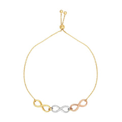 14k Tri Color Gold Infinity Charms Adjustable Bracelet, 9.25"