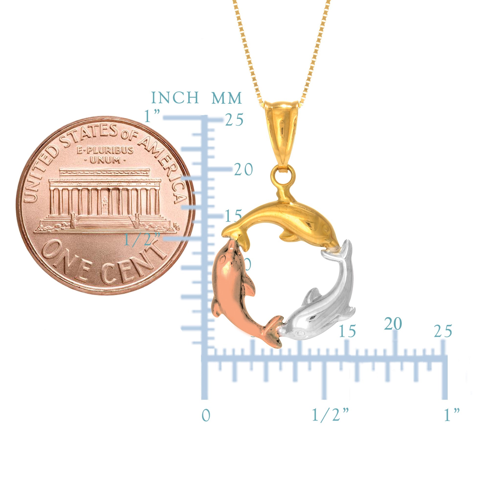 14k Tricolor Rose Gold Three Circling Dolphins Pendant Necklace, 18" - JewelryAffairs