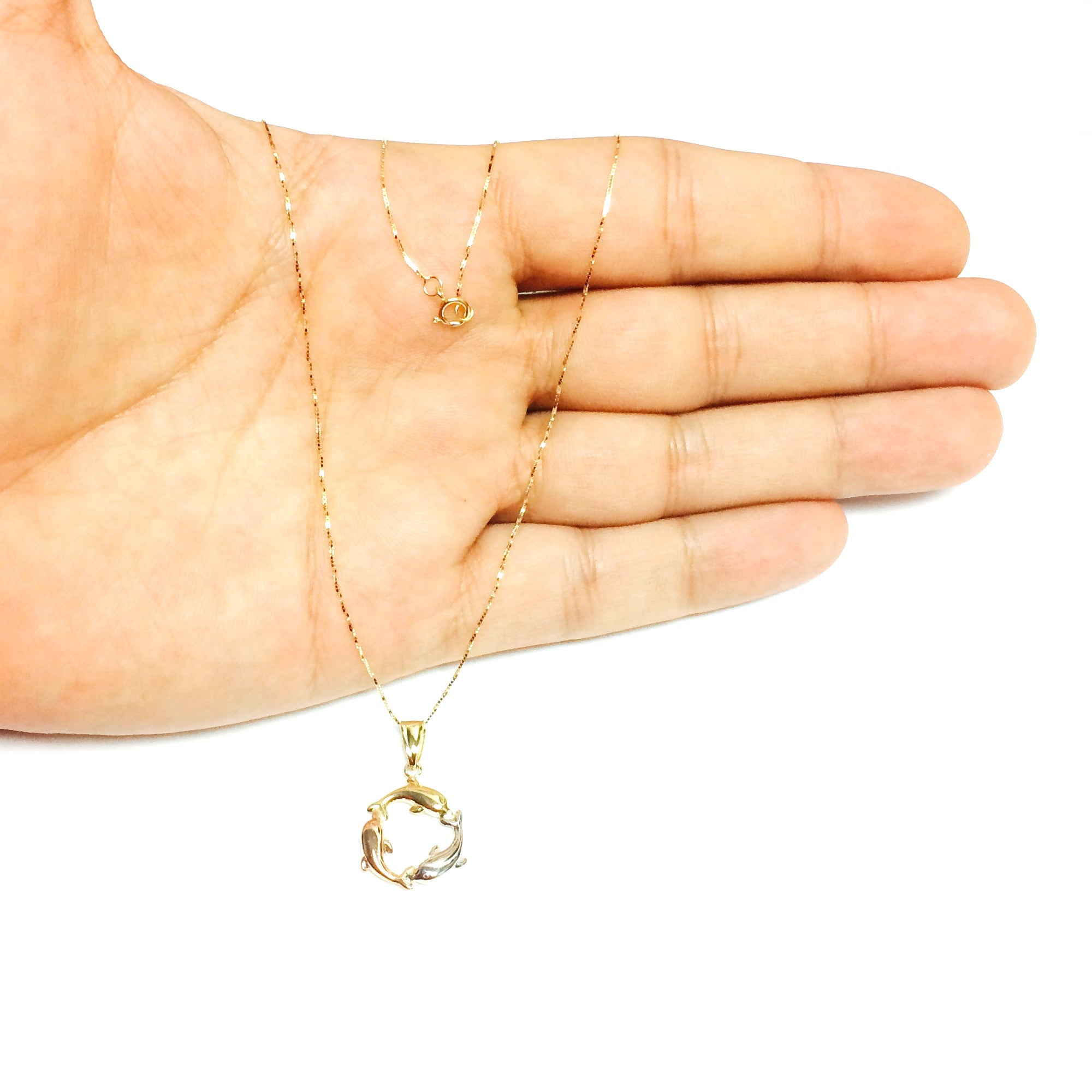 14k Tricolor Rose Gold Three Circling Dolphins Pendant Necklace, 18" - JewelryAffairs
