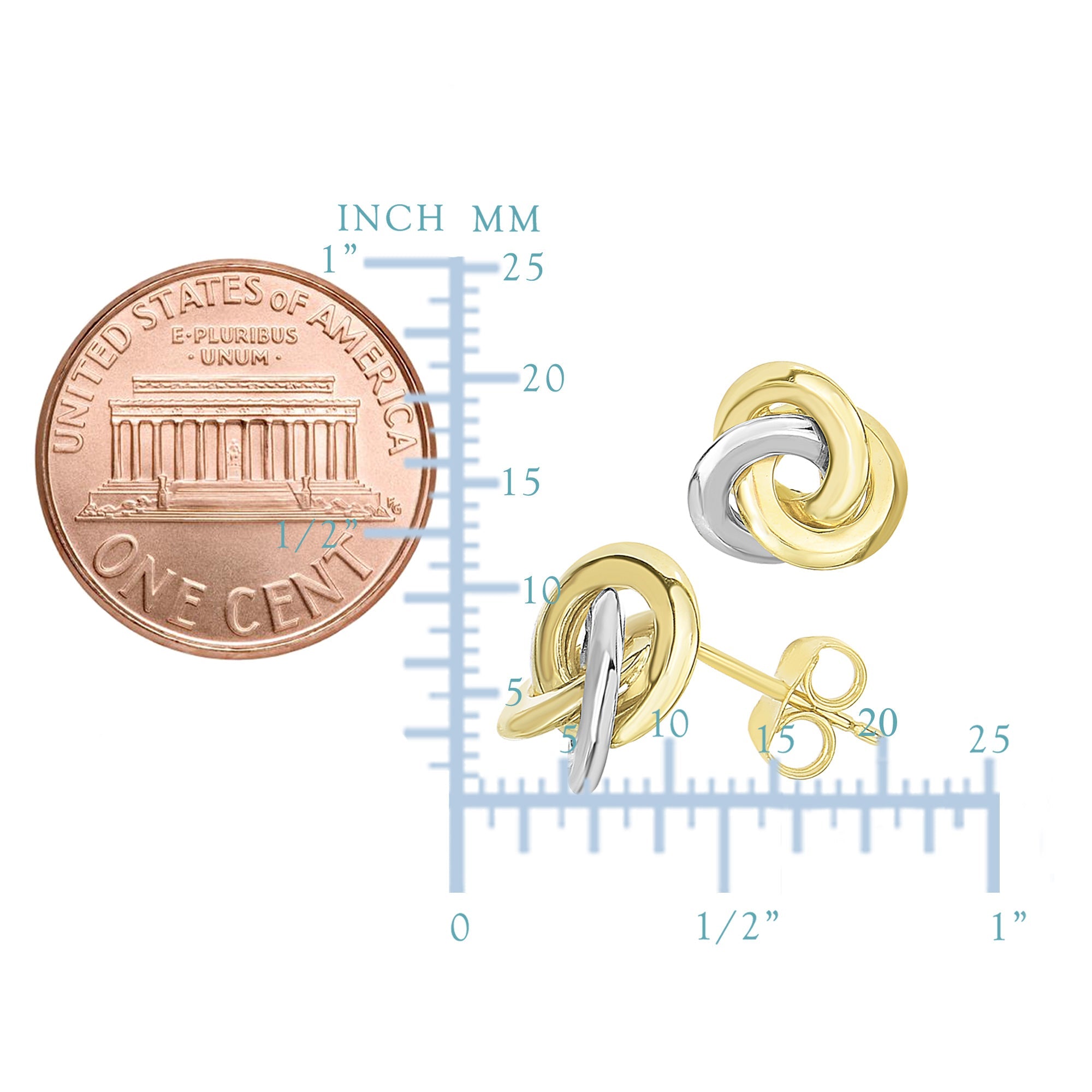 14k Two Tone Gold Love Knot Style Stud Earrings, 11mm