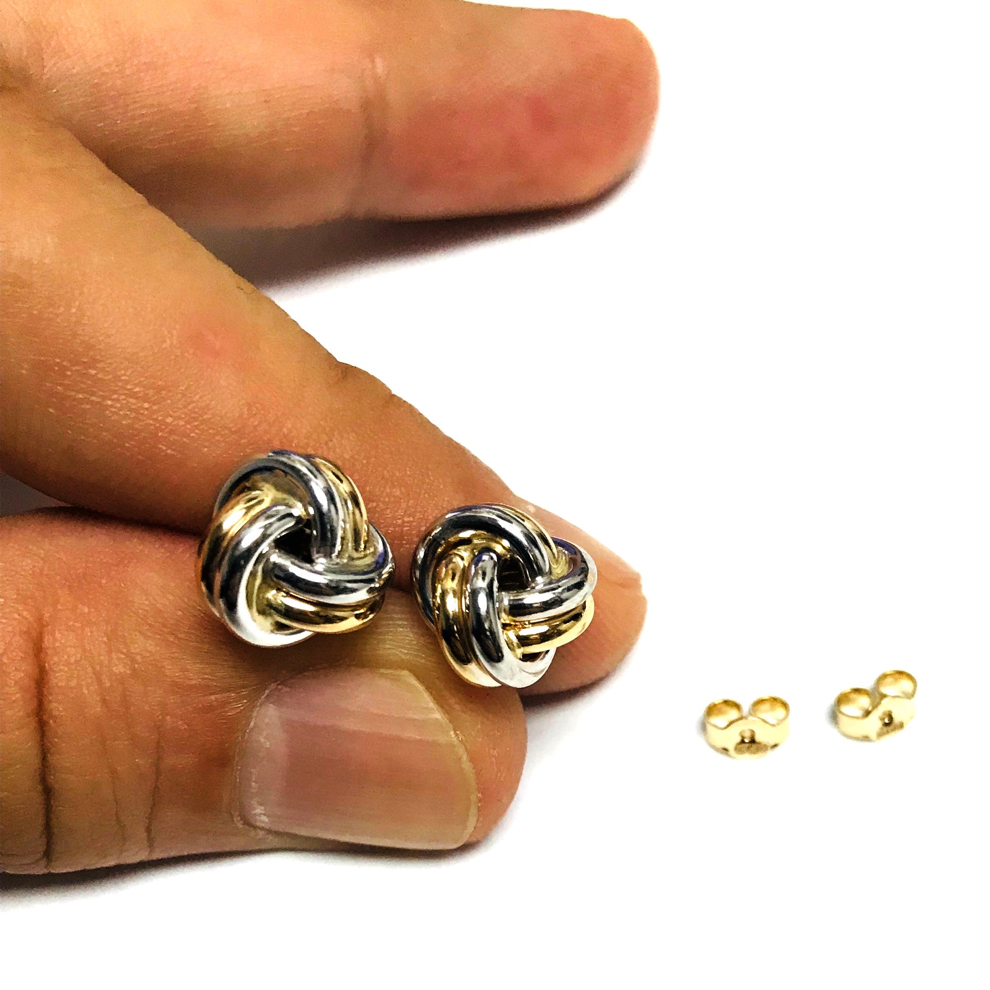 14k Two Tone Gold Shiny Double Row Round Tube Love Knot Stud Earrings, 8mm
