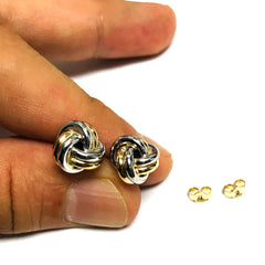 14k Two Tone Gold Shiny Double Row Round Tube Love Knot Stud Earrings, 8mm