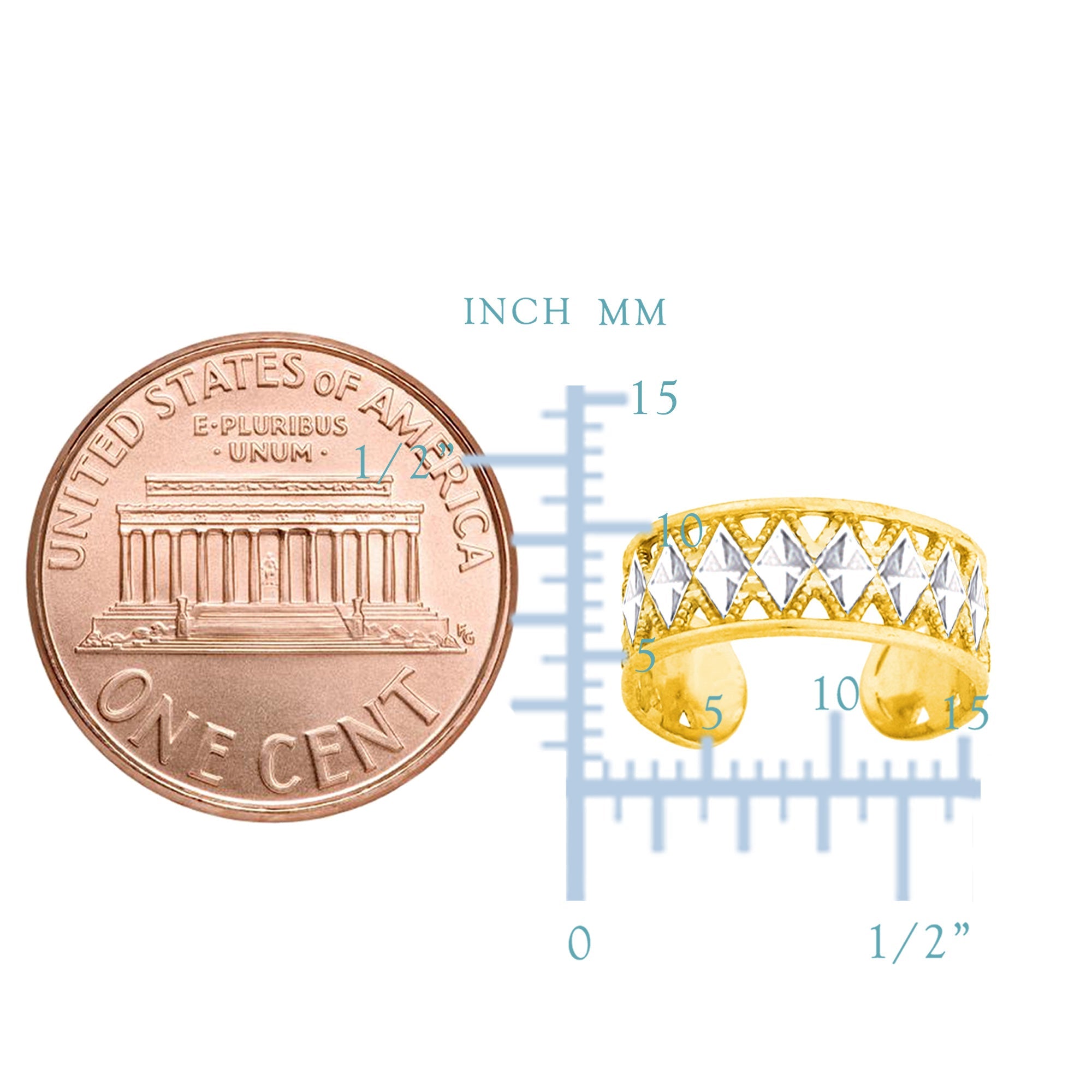 14K White And Yellow Gold Diamond Cut And Millgrain Design Adjustable Toe Ring 6mm - JewelryAffairs