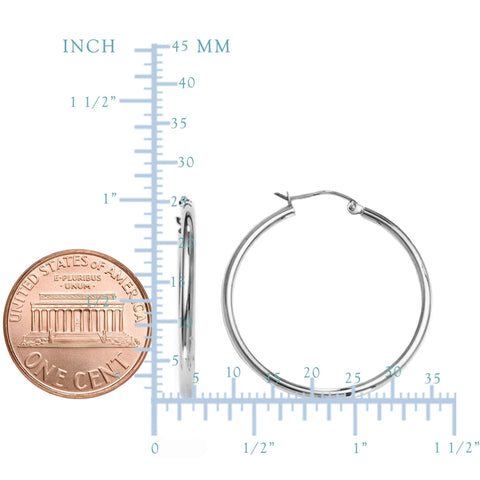 14K White Gold 2MM Shiny Round Tube Hoop Earrings