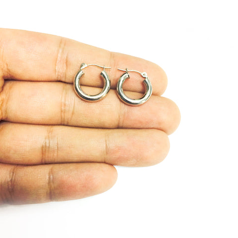 14K White Gold 3MM Shiny Round Tube Hoop Earrings