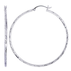 14K White Gold Diamond Cut Round Hoop Earrings
