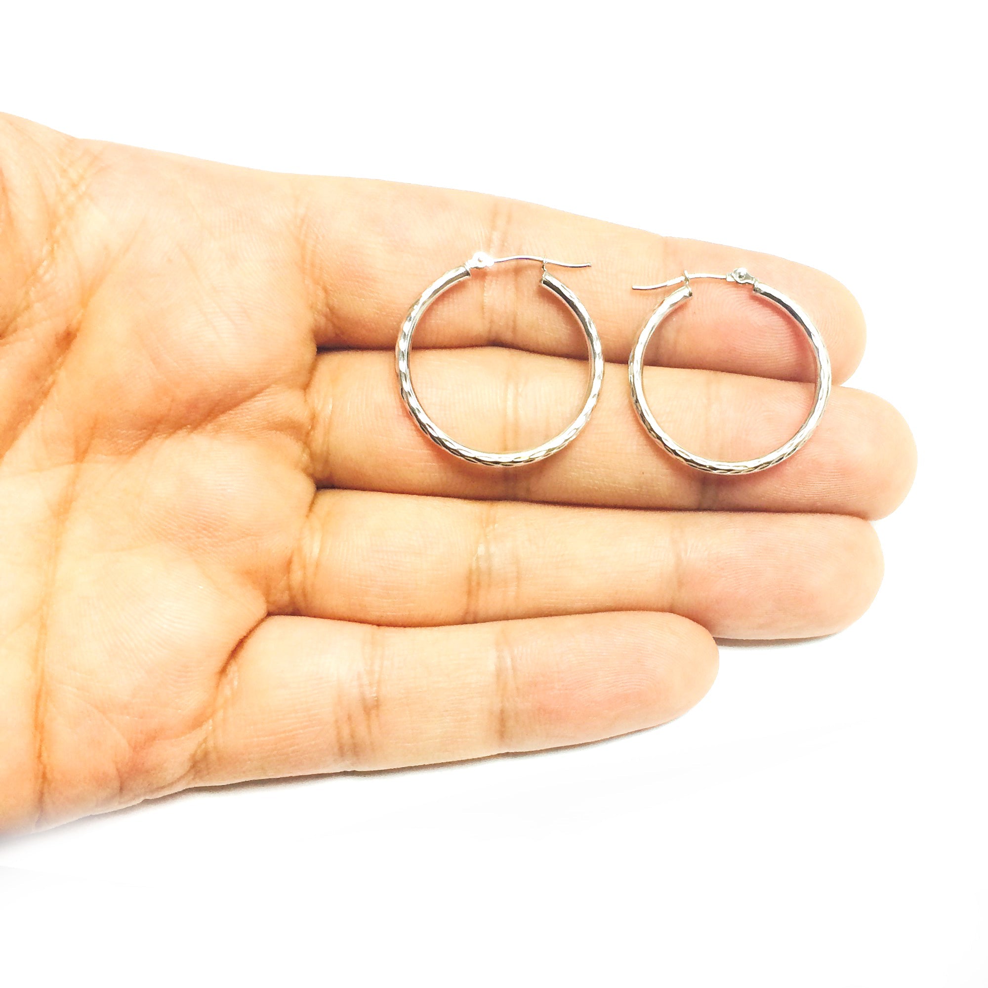 14K White Gold Diamond Cut Round Hoop Earrings