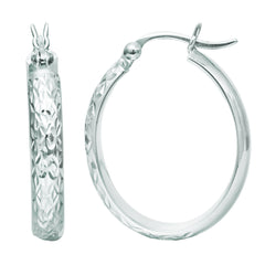 14K White Gold Hammered Polished Oval Hoop Earrings