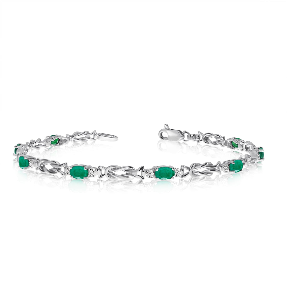 14K White Gold Oval Emerald Stones And Diamonds Tennis Bracelet, 7" - JewelryAffairs
