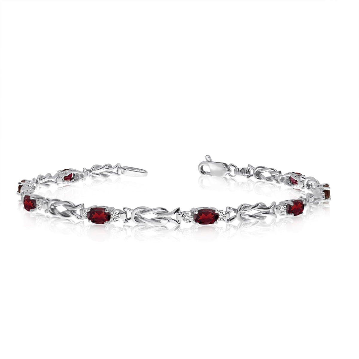 14K White Gold Oval Garnet Stones And Diamonds Tennis Bracelet, 7" - JewelryAffairs