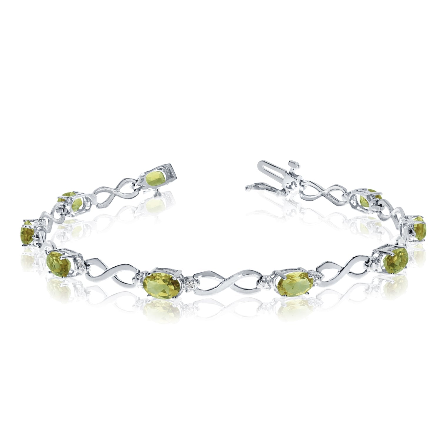 14K White Gold Oval Peridot Stones And Diamonds Infinity Tennis Bracelet, 7" - JewelryAffairs