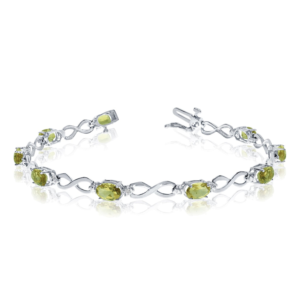 14K White Gold Oval Peridot Stones And Diamonds Infinity Tennis Bracelet, 7" - JewelryAffairs