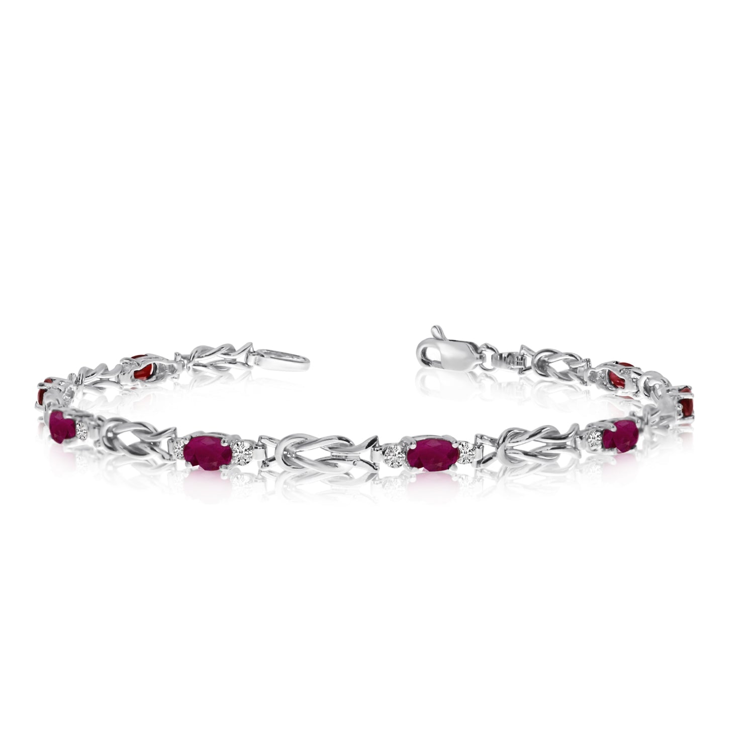 14K White Gold Oval Ruby Stones And Diamonds Tennis Bracelet, 7" - JewelryAffairs