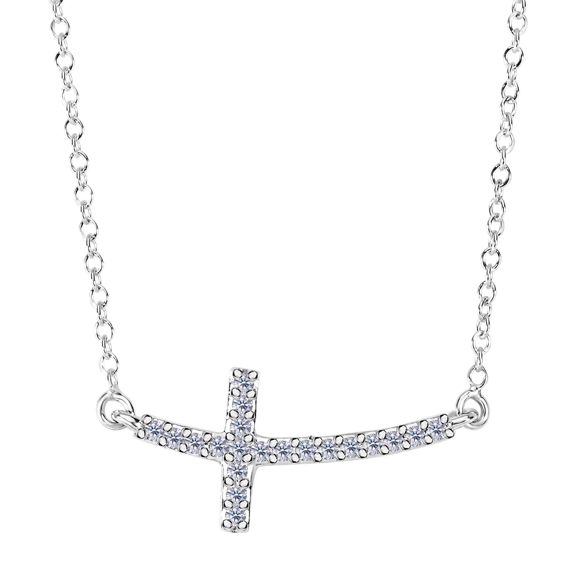14k White Gold With 0.12ct Diamonds Curved Side Ways Cross Necklace - 18 Inches