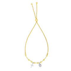 14k Yellow And White Gold Cross Charm Adjustable Bracelet, 9.25"