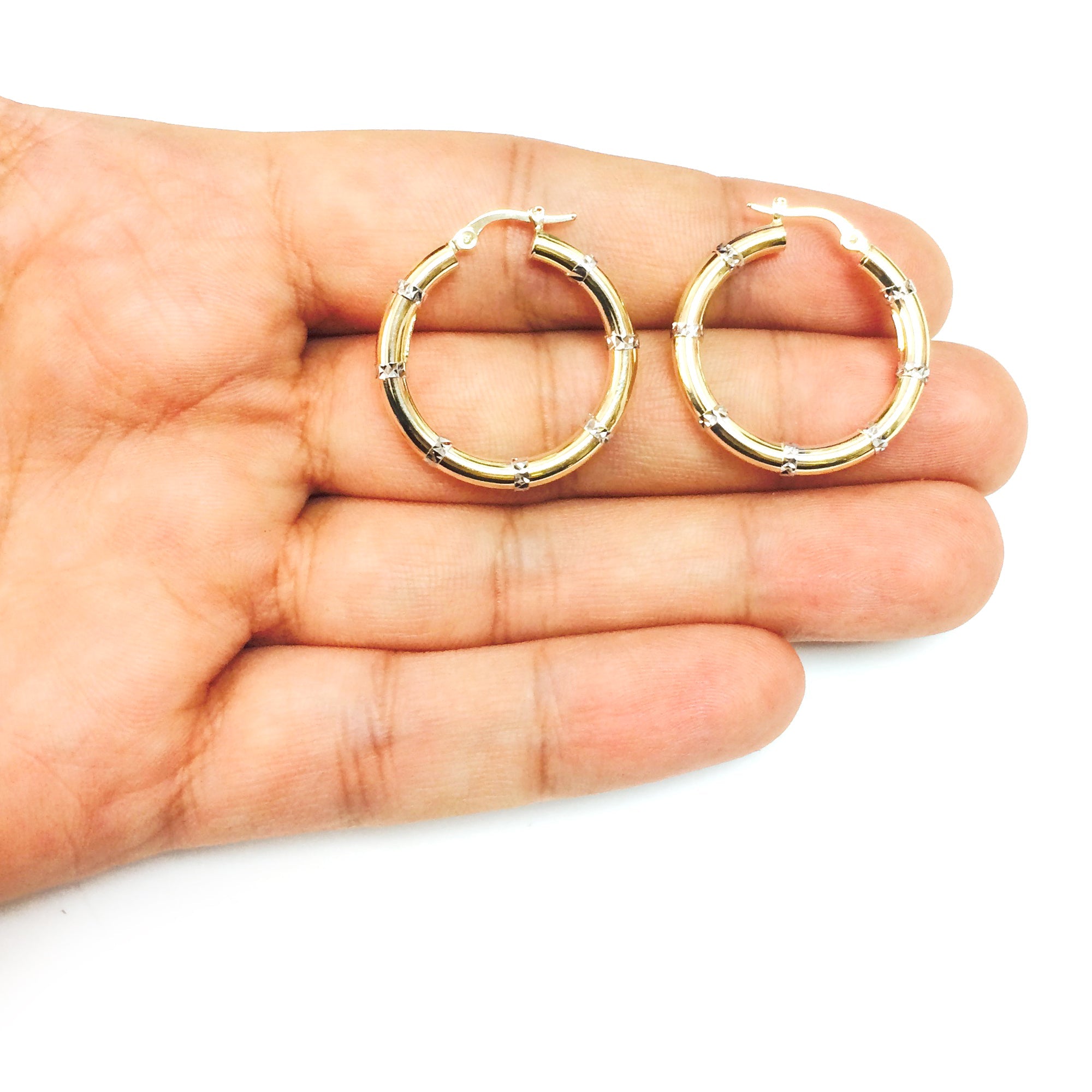 14K Yellow And White Gold Diamond Cut Fashion Sparkle Hoop Earrings, Diameter 25mm